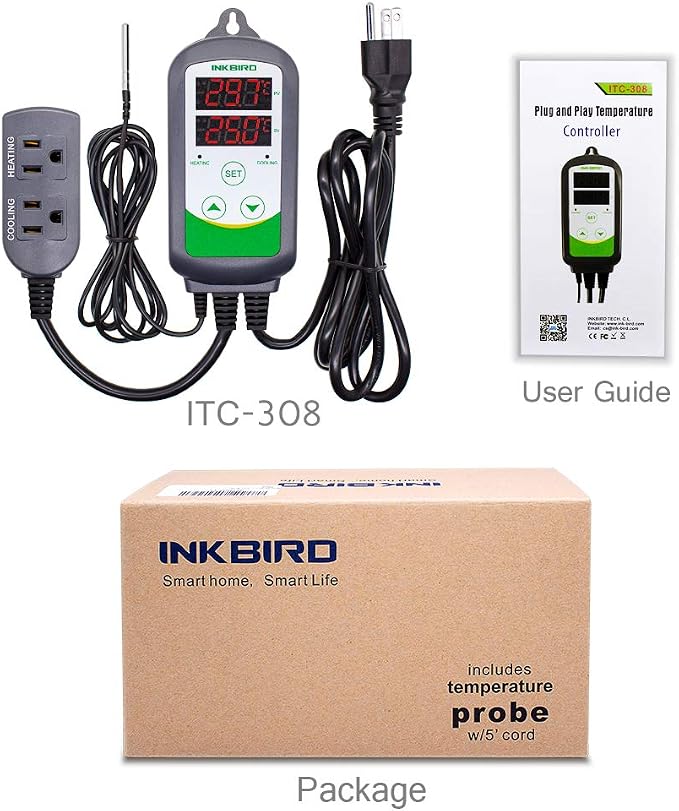 Inkbird ITC-308 Digital Temperature Controller 2-Stage Outlet Thermostat Heating and Cooling Mode Carboy Homebrew Fermenter Greenhouse Terrarium 110V 10A 1100W