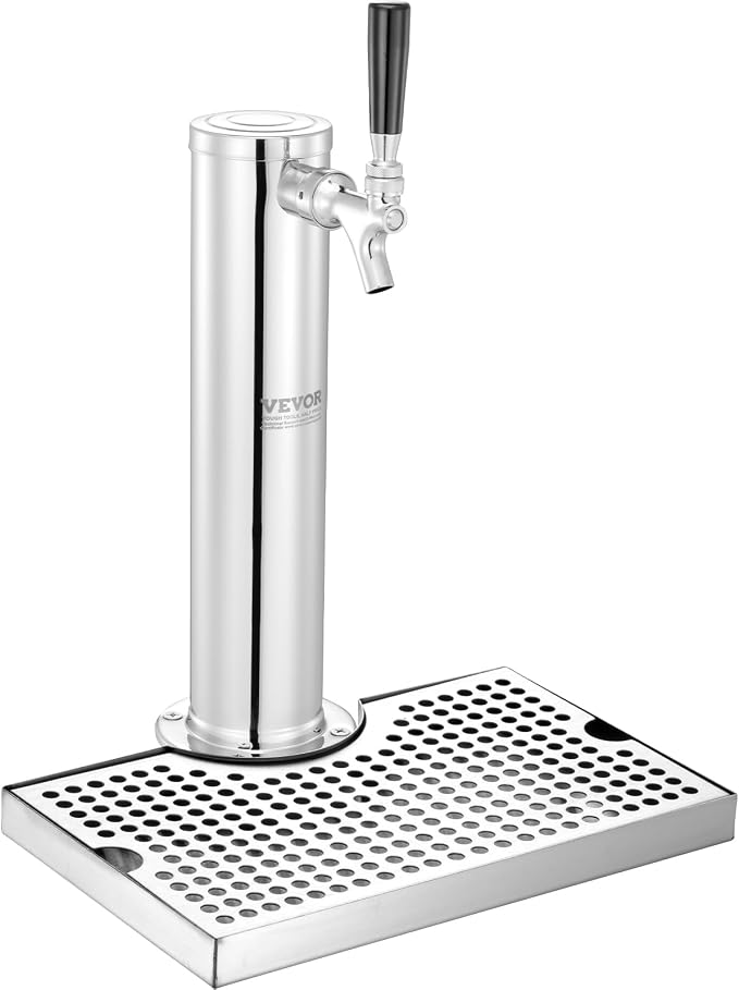 VEVOR Kegerator Tower Kit, Single Tap Beer Conversion Kit, Stainless Steel Keg Beer Tower Dispenser with Dual Gauge CGA320 Regulator & D-System Keg Coupler, Beer Drip Tray for Party Home