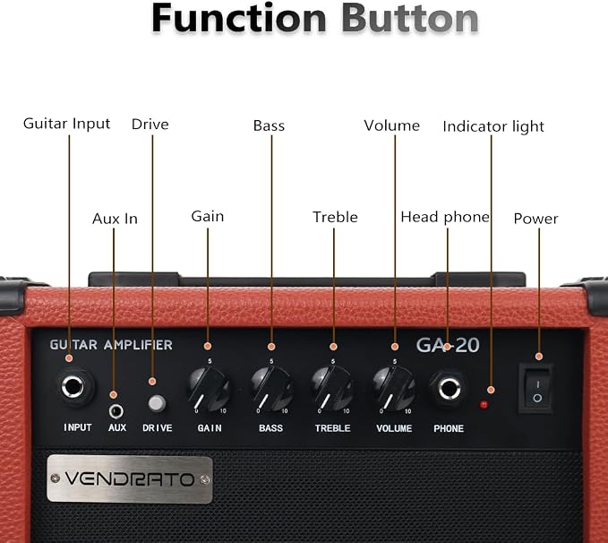 Electric Guitar Amplifier 20w amp Brown Color gain bass Treble 3.5mm aux in Drive 6.5mm Guitar Input Headphone Portable for Beginner Starter Practice Travel amp noiseless Cable Pick and Adapter in