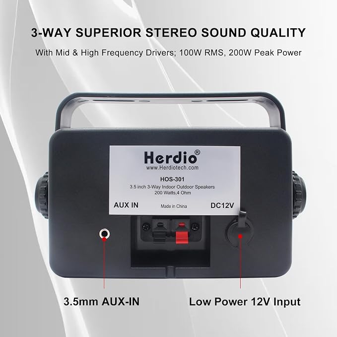 Herdio 3.5" Outdoor Bluetooth Speakers Wired Waterproof, 200W 3 Way Upgrade Premium Wall Mount Speakers, Durable Mountable Loud Sound System for Patio Indoor Deck Garage (Black Pair)