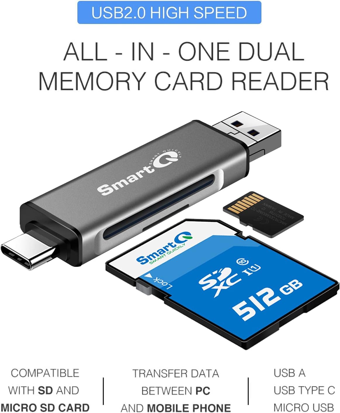 SmartQ C256 Micro SD Card Reader to USB Adapter USB-C and USB A USB Memory Card Reader USB 2.0 Super Speed for MicroSDXC, MicroSDHC, SD, SDXC, SDHC, SD Cards, Works for Windows, Mac OS X, Android