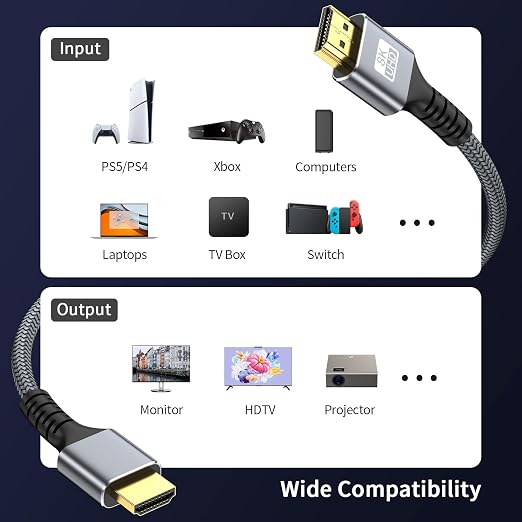 8k Hdmi Cable 10ft Ultra High Speed HDMI 2.1 Cable 8K@60HZ 4K@120HZ 48Gbps HDMI Cord for HDTV,PS4,PS5,Monitor Laptop,Xbox,HDCP 2.2&2.3 Support HDR,eARC,Dolby.(Silvery)