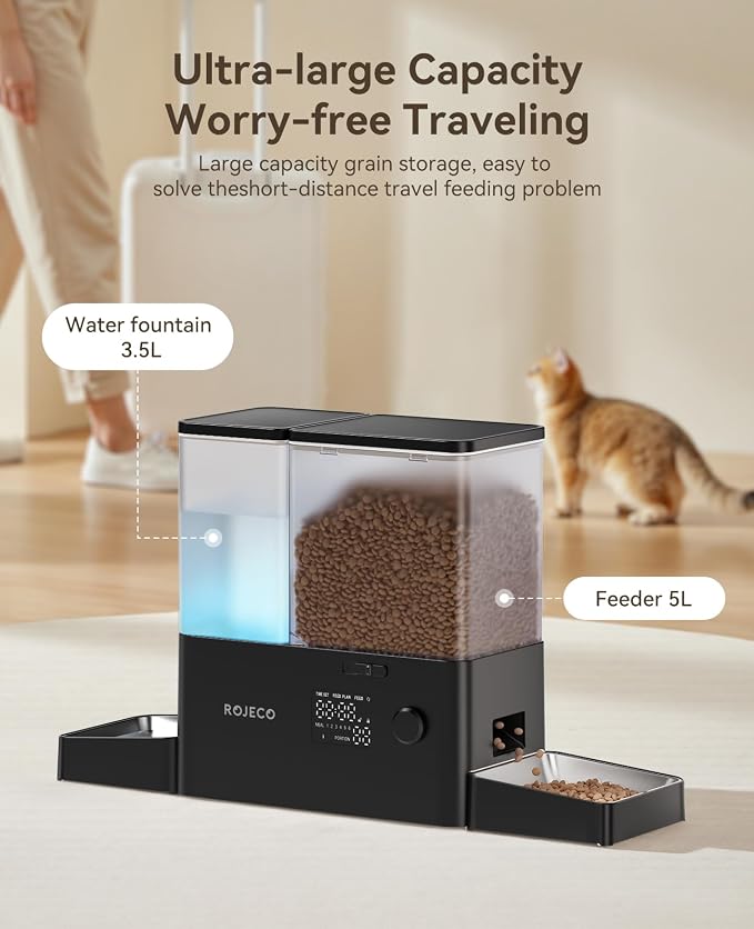 Rojeco 36Cups/8.5L Pet Automatic Cat Feeder and Gravity Water Dispenser,Stainless Steel Bowls 2-in-1 Set Large Capacity 5L Food Feeder and 3.5L Water Fountain for Cats,Pets,Small Dogs,Black