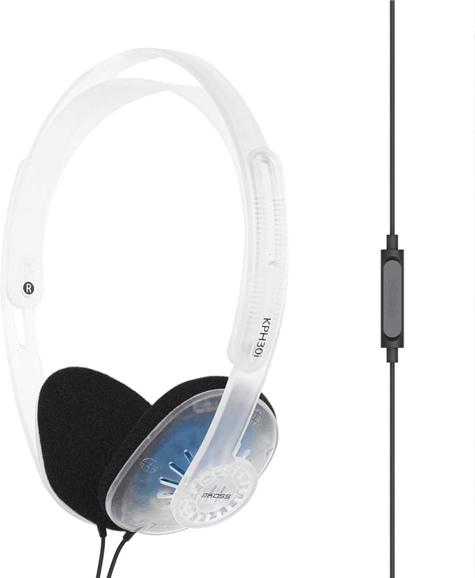Koss KPH30i Clear Retro Style On-Ear Headphones, in-Line Microphone and Touch Remote Control, D-Profile Design, Wired with 3.5mm Plug, 90s Transparent Design