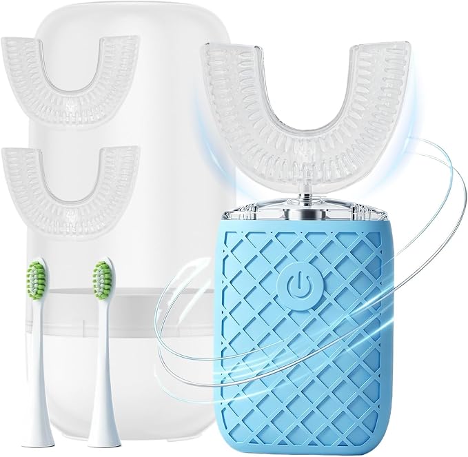Sonic Electric U Shaped Toothbrush for Adults, Automatic Full Mouth Cleaning Toothbrush, 360° Stain Removal, IPX7 Waterproof Rechargeable, 3 U-Shape & 2 Straight Brush Heads (Blue-Cup)