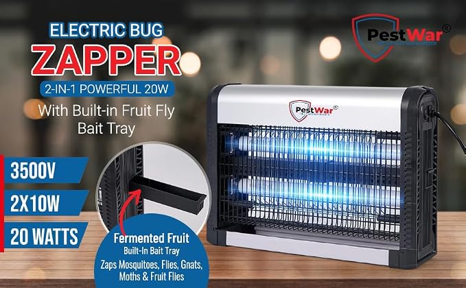 Advanced 2-in-1 Indoor Bug Zapper, Powerful 3500V Flying Insect Zapper, Built-in Bait Tray, Uses 2-in-1 Methods to Attract & Zap Fruit Flies, Mosquitoes, Flies, Gnats, Moths, & More. - 2 Free Bulbs