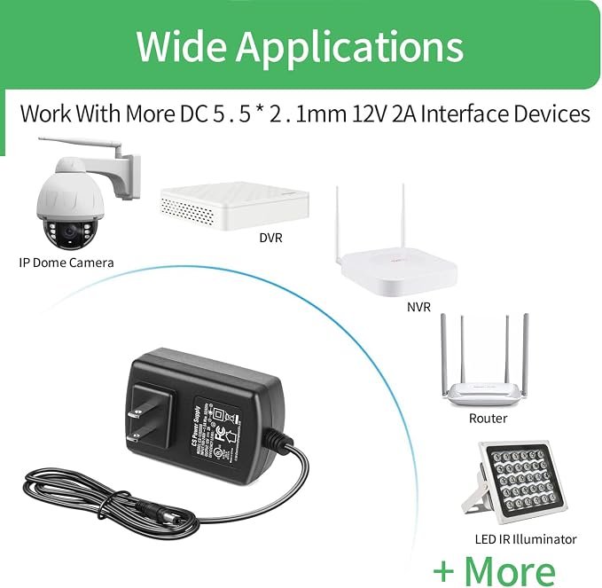 12V 2A Power Supply Adapter AC 100-240V to DC 12V, 5.5mm x 2.1mm Plug, Power Supply for IP Camera, DVR, NVR, LED Strip, Yamaha Keyboard Router – UL Listed FCC/RoHS Certified