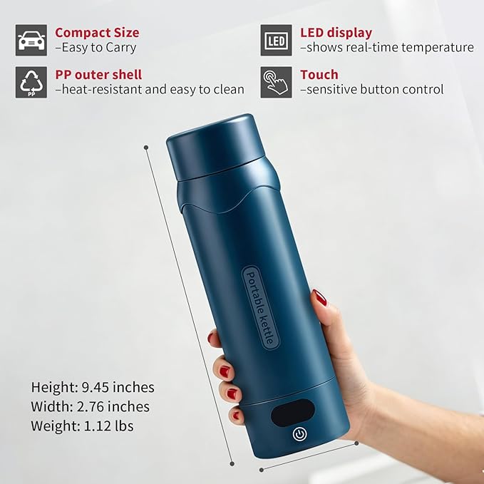 Insulated Stainless Steel Electric Kettle Small, Smart Water Bottle with 4 temperature control, Leak-Proof, Mini Travel Essentials Portable Office Gifts for Tea Lovers, Dark Blue