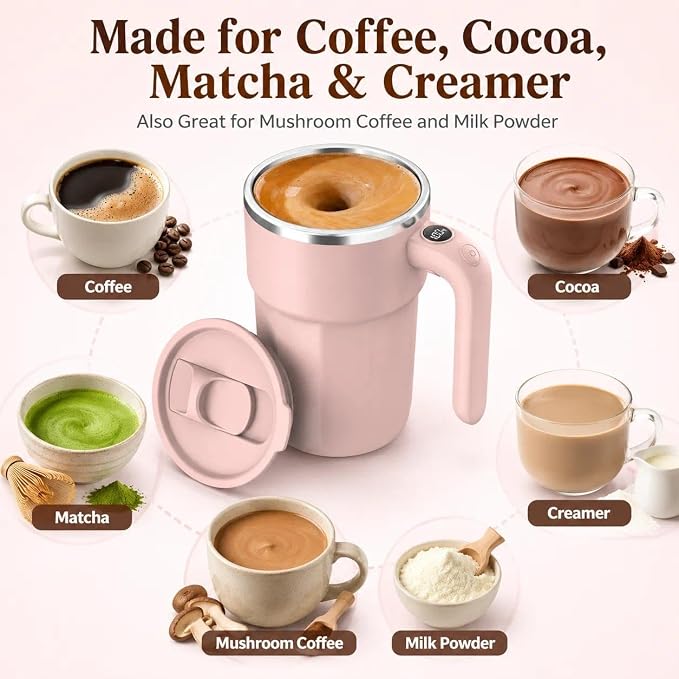 Self Stirring Coffee Mug, 12oz Rechargeable Magnetic Mixing Cup with Temperature Display, 316 Stainless Steel Electric Stirring Cup with Lid & Handle for Coffee, Cocoa, Matcha, Creamer, Mushroom Coffe
