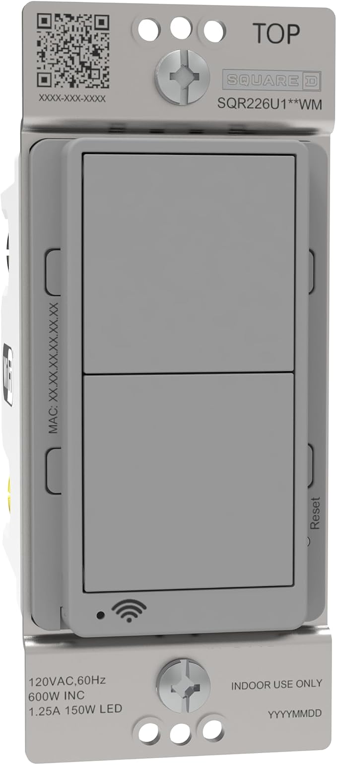 Square D by Schneider Electric X Series 15 Amp WiFi Energy Monitoring Light Switch, Single-Pole/3-way, 600 Watt, Rocker, Matter Certified, Works with Alexa, Google Home, Apple Home, Matte Grey