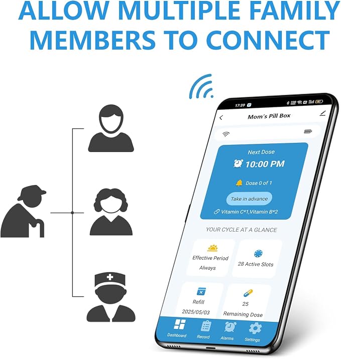 JULOS Smart WiFi Automatic Pill Dispenser w/Sound/Light Alerts for Seniors, Mobile App Remote Monitoring, 28-Day Medication Organizer, Up to 9 Alarms/Day, Lock Key for Supplements & More, Clear Lid