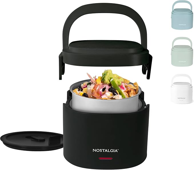 Nostalgia Portable Heated Lunch Box – 2.5-Cup Stainless Steel Food Warmer – Detachable Cord, Leak-Proof Lid, Carry Handle – Portable for Work & Travel – Black Berry