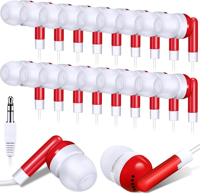 Konohan 100 Pcs Bulk Earbuds with Wire Basic Headphones in Ear for Libraries Laptop, No Microphone 3.5 mm Jack Earbuds Dot Headphones, Individually Bagged (Red)
