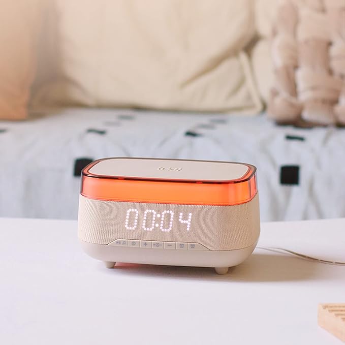 Bluetooth Speaker Alarm Clock with Night Light,6 in 1 Wireless Charging Station for iPhone 17/16/Samsung Series,Clock for Bedroom Adjustable 3 Levels Digital Brightness Touch Snooze Sleep Timer 12/24H