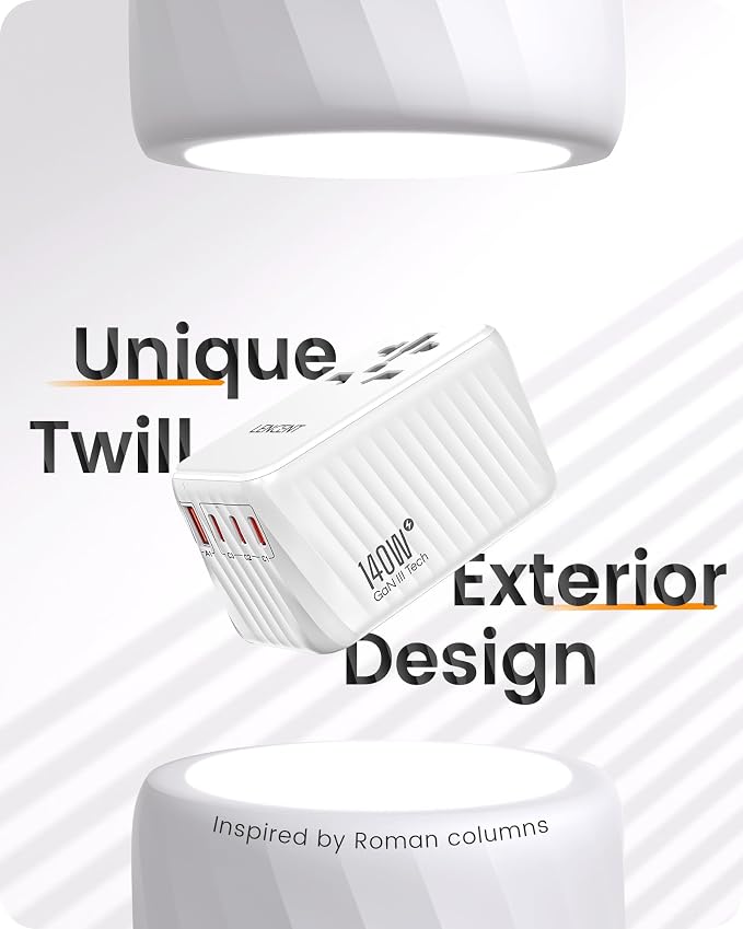 LENCENT 140W Universal Travel Adapter, International Plug Adaptor, GaN Fast Charger with 3 PD3.1 Type C+1 QC USB A, All in One Travel Essentials, Worldwide Plug Adapter for USA/UK/EU/AU, White
