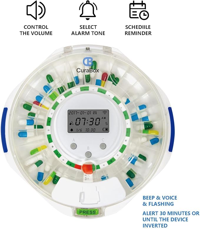 Smart Automatic Pill Dispenser -WiFi Monitoring App, 28-Day Medication Organizer Up to 9 Doses Per with Lock Key, Medicine Dispenser for Elderly