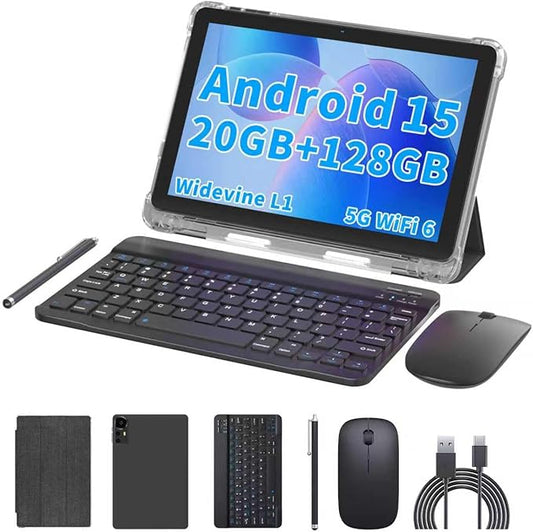 Android 15 Tablet 10 inch Tablets, 20GB RAM 128GB ROM 2TB Expandable, 2.0GHz Quad-core Processor, 2 in 1 Tablet with Keyboard Case Stylus Mouse, 5G WiFi6, BT 5.0, 6000mAh, Widevine L1, GMS, Black