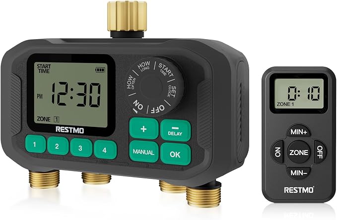 RESTMO Remote Control Brass Sprinkler Timer for Outdoor Hose Faucet 4 Zone, Max 11h59m Programmable Water Timer for Soaker Hose, Misting with Large Dial, Rain Delay/Manual/Automatic Irrigation System