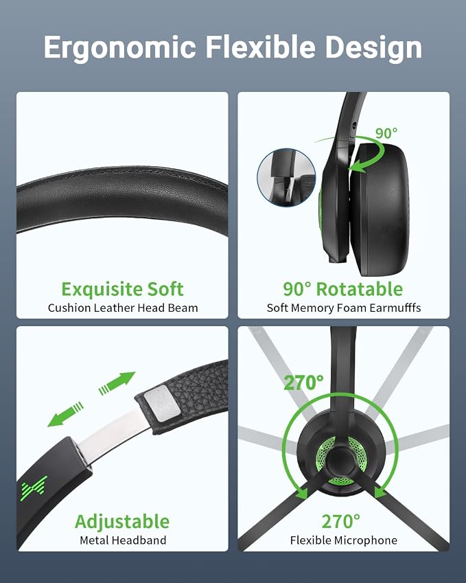 JIAMQISHI Wireless Headset with AI Noise Cancelling Microphone Bluetooth Headset - Bluetooth V5.2 Headphones with USB Dongle & Mic Mute for Computer/Laptop/PC/iPhone/Android/Cell Phones/Zoom-Green
