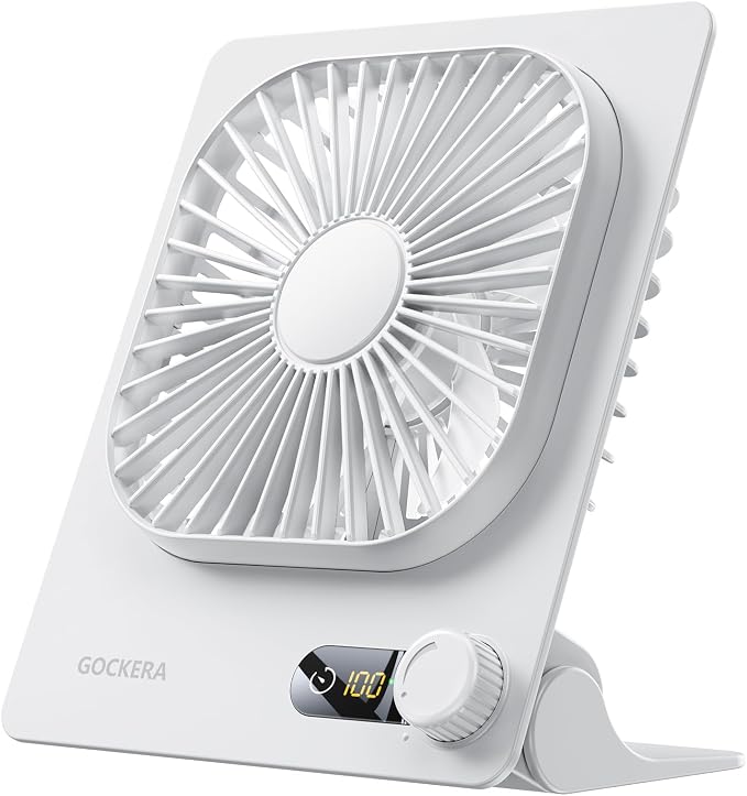 GOCKERA Desk Fan, 6.61''Ultra-thin Battery Powered Fan with Powerful Wind,100 Speeds Adjustable&Digital Display,Timer,Ultra-quiet Small Portable Fan for Bedroom,Office,Travel (White, 2000mAh)