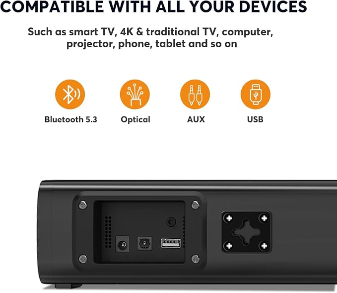 2.1ch Small Sound Bars for TV with 6 Levels Voice Enhancement, Built-in Subwoofer, 16 Inches Bluetooth 5.3 Soundbar Speakers with Optical/AUX/USB Connection, S100