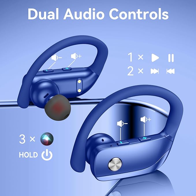 bmani Ear Buds Wireless Earbuds Bluetooth Headphones with 80H Playtime LED Display Case, Over-Ear Hook with Mic, Stereo Sound, Easy Button Controls, Sports Earphones for Running Workout Gym Blue