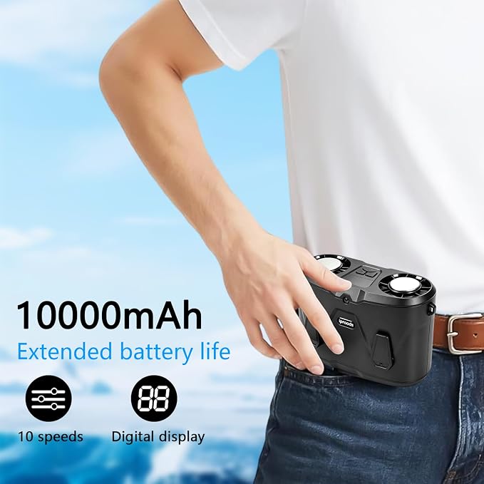 Portable Waist Fan with 10 Speeds, 10000mAh Battery，With lighting function, used as a neck fan, a desktop fan, and a hanging portable fan，With a cooling system for ice compress