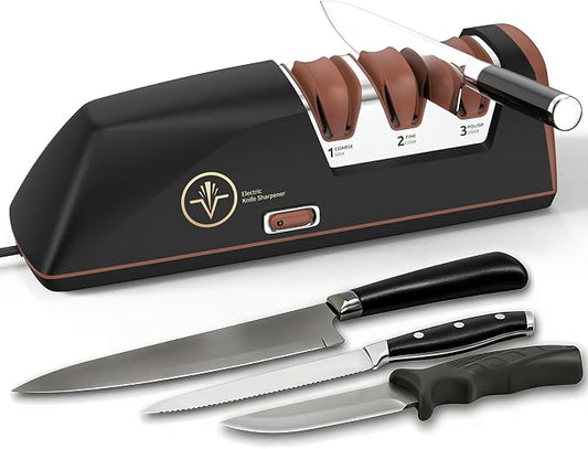 Electric Knife Sharpener with Replaceable Sharpening Head Easy to Change, 3-Stage & 15° Precision Angle Diamond Sharpening System for Metal Knives, Ceramic knives, Exquisite Gifts and Packaging