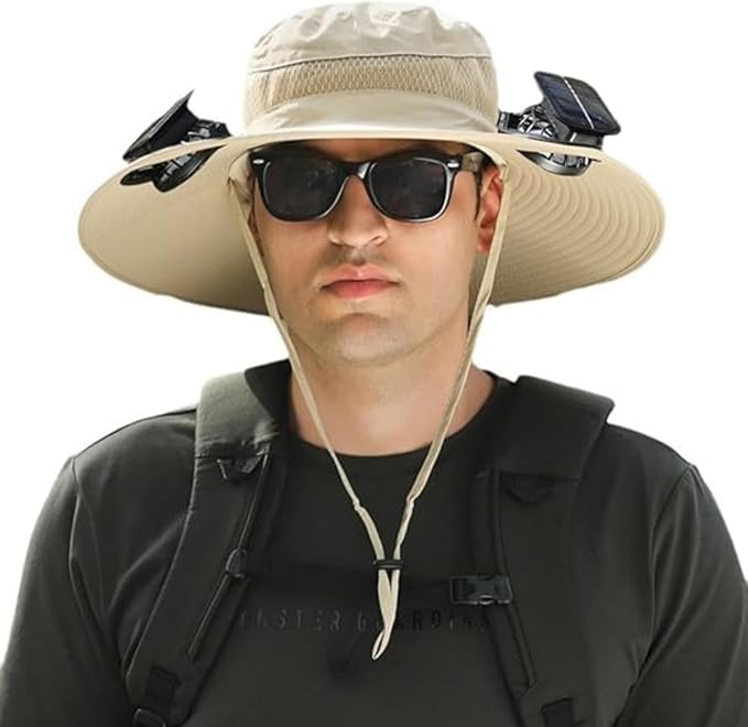 Wide Brim Solar Fan Outdoor Fishing Hat,Waterproof Hat with Two Solar Fan for Men/Women,Solar Fan Hat UPF50+
