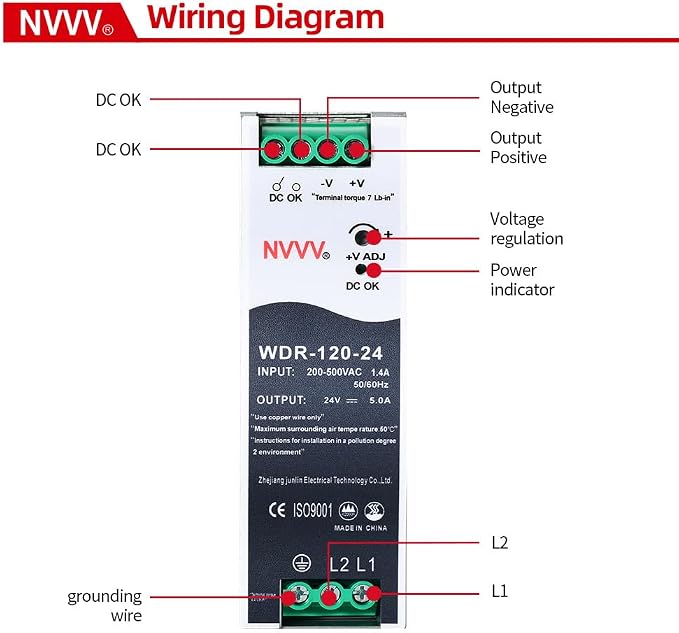 WDR-120-24 24V, Input:180~550VAC,Output:24VDC 5A, 120W Industrial DIN Rail Power Supply AC to DC Converter
