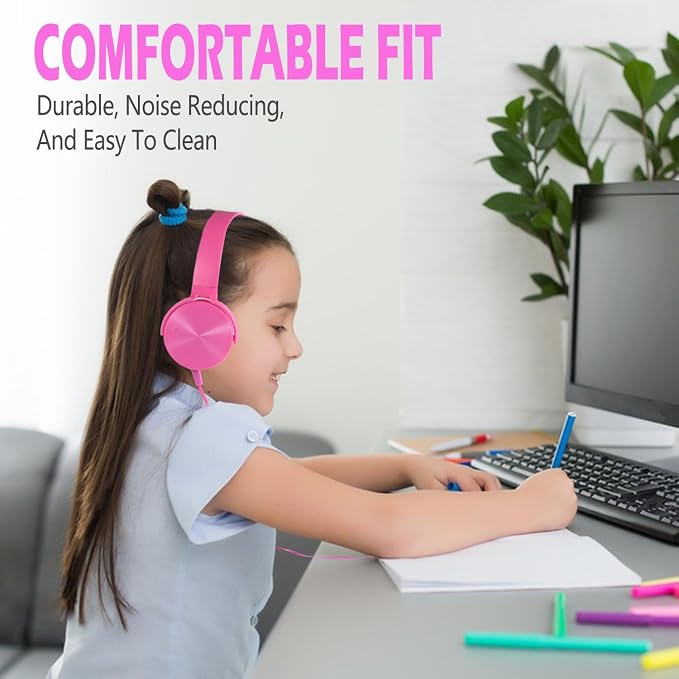 Kids Headphones 2 Pack for School Classroom K-12, Durable Wired Student Computer Online Learning Headset for Laptop Library Airplane and Travel (Pink+Orange)