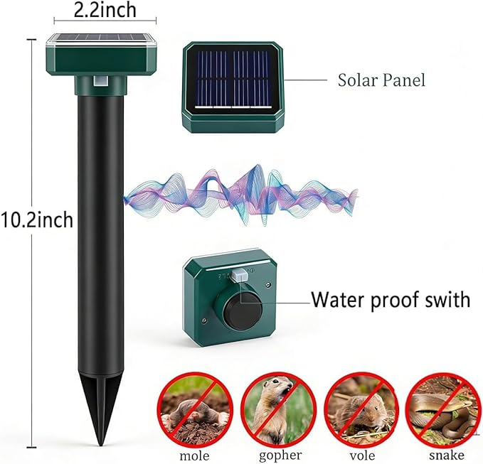 Mole Repellent Solar Powered 10 Pack, Humane Sonic Spikes Stakes Outdoor Waterproof, Repel Snake Groundhog Chipmunk Vole Gopher, Effective Rodent Repellent for Lawns, Garden, Farm