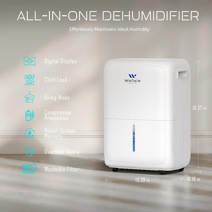 3500 Sq. Ft Dehumidifier for Home & Basement with Drain Hose, Max 52 Pint Dehumidification with Larger 1.59 Gallon Water Tank, Smart Efficient Humidity Control