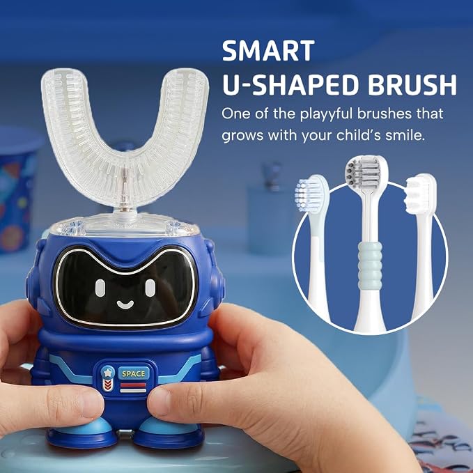 Well Before Kids U Shaped Electric Toothbrush with 5 Brush Heads, Ultrasonic, 5 Modes, IPX7 Waterproof Design (Spaceman, Vib-Blue, Ages 2-7)