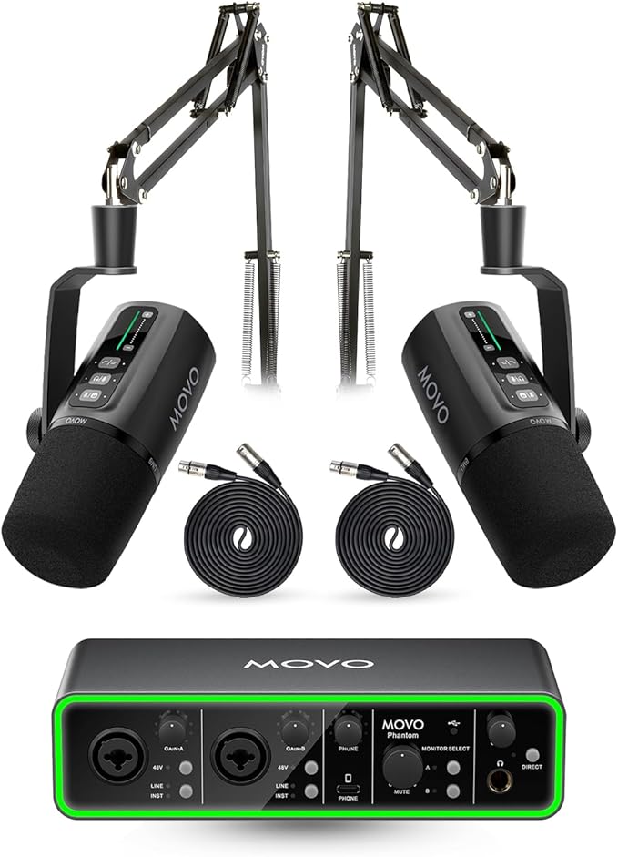 Movo Podcast Equipment Bundle - Phantom USB Audio Interface, 2 UM6 XLR/USB-C Dynamic Microphones, and 2 Boom Arms - Professional Dual Microphone Setup for Podcasting and Streaming