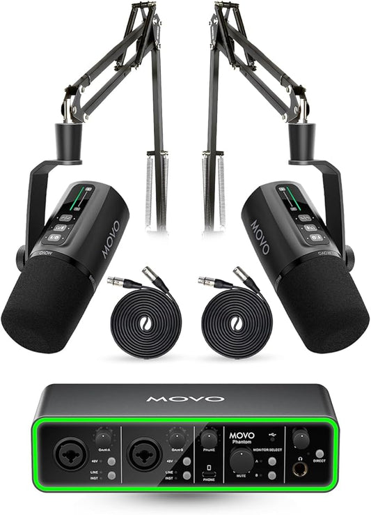 Movo Podcast Equipment Bundle - Phantom USB Audio Interface, 2 UM6 XLR/USB-C Dynamic Microphones, and 2 Boom Arms - Professional Dual Microphone Setup for Podcasting and Streaming
