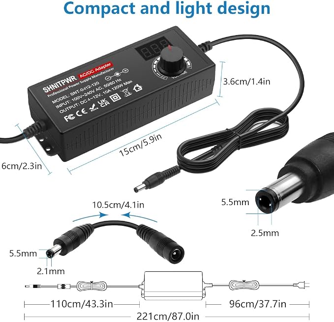SHNITPWR 3.5V - 12V Power Supply 10A 120W AC to DC Adapter DC 4V 4.5V 5V 6V 7V 8V 9V 10V 12V Voltage Adjustable Universal Power Converter Transformer 100-240V AC in with 14 Tips & Polarity Converter