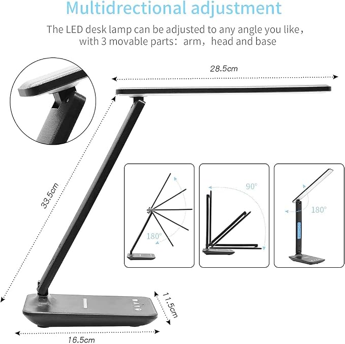 IHAO Multi-Functional Desk Lamp 10W Qi Wireless Charger 3 Color Modes 5 Brightness Levels Eye-Caring LED Light Faux Leather Finish Calendar Temperature Display Office Table Lamp TX26 Black