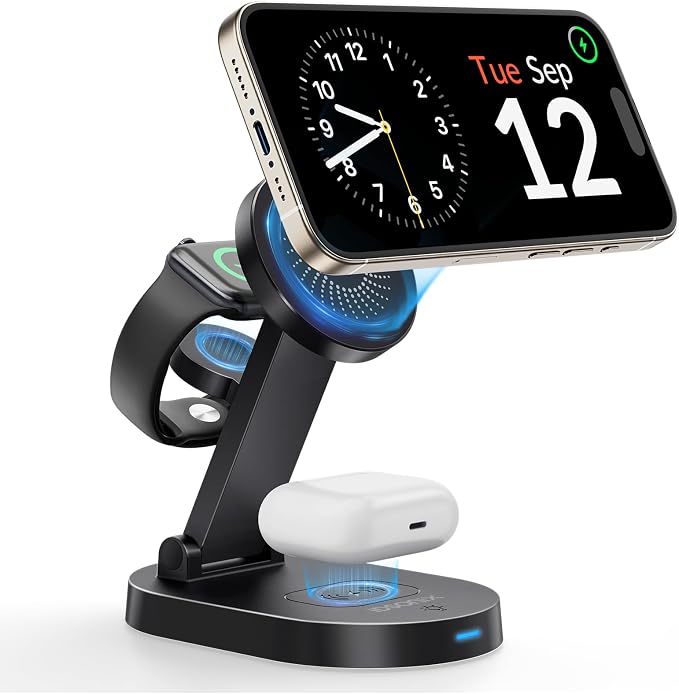 iDsonix 3 in 1 Mag-Safe Charger Stand, Wireless Charger Station for Apple Devices Fast Wireless Charger with Adjustable Stand and LED Light for iPhone 15-12 Series Airpods & iWatch, Black