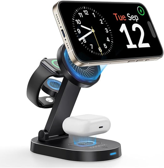 iDsonix 3 in 1 Mag-Safe Charger Stand, Wireless Charger Station for Apple Devices Fast Wireless Charger with Adjustable Mag-Safe Stand and LED Light for iPhone 15-12 Series Airpods & iWatch, Black