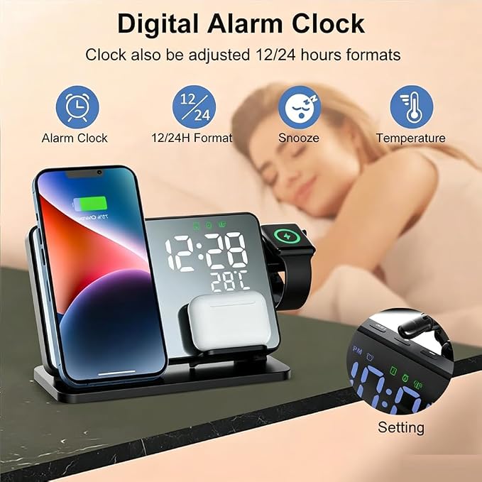 IHAO 4in1 Multifunctional Alarm Clock with Magnetic Wireless Charging15W Fast Charge for Qi Phone, Earbuds, iWatch LED Display as Mirror Show Temperature, USB Port, Smart Bedside Organizer-W669 Black