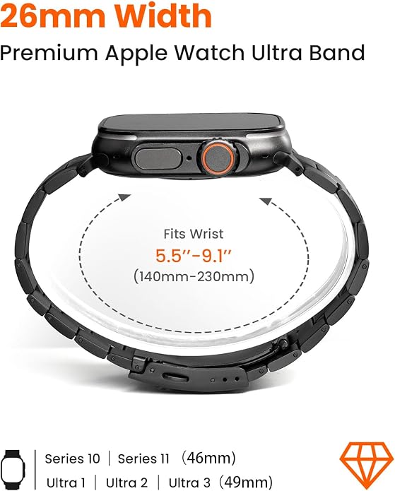 Titanium Watch Band Compatible with Apple Watch Ultra 3 & Ultra 2 1 49mm - 26mm Wide-Body Metal Apple Watch Ultra Band with Scratch Resistant DLC Coating for men - CRNS01 Business Series
