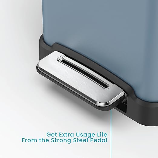 Home Zone Living 12 Gallon Slim Kitchen Trash Can with Soft Close Lid, Step Pedal, Bag Tuck Band, and Removable Liner, Stainless Steel, Steel Blue