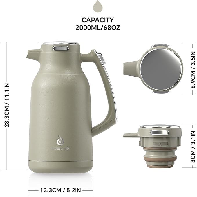 IDEUS Thermal Coffee Carafe, Stainless Steel Double Wall Insulated Vacuum Flask, Water Jug Coffee Server and Beverage Dispenser, Heat and Cold Retention (Celadon, 68, Fluid Ounces)