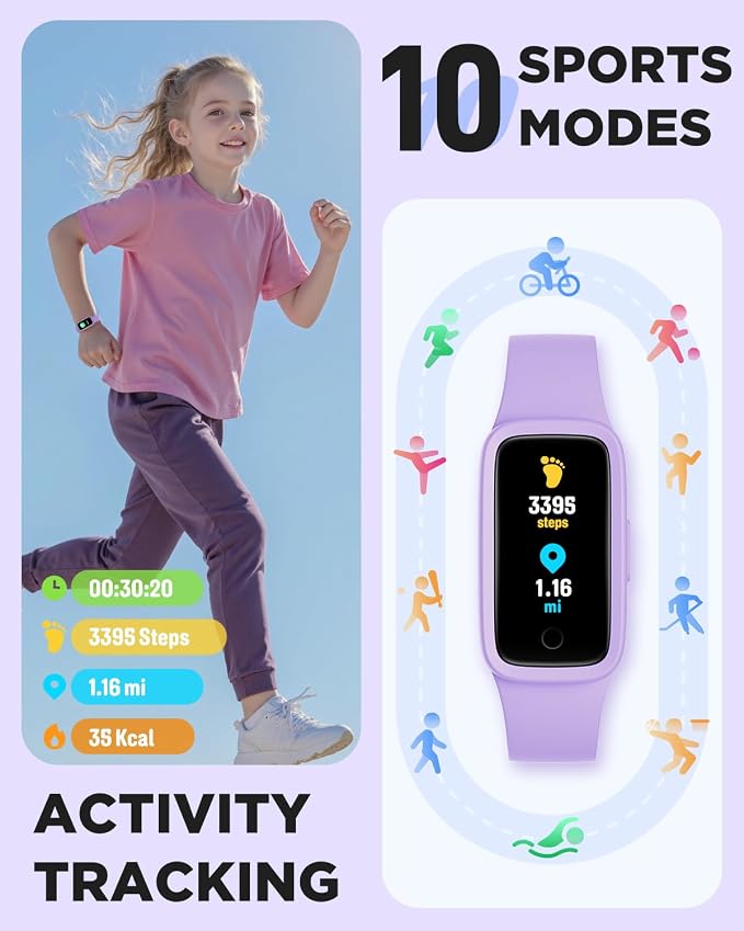 BIGGERFIVE Vigor 3 Kids Fitness Tracker Watch, AMOLED Screen, No App No Phone Needed, 3ATM Waterproof, Heart Rate and Sleep Monitor, Pedometer Watch, Sports Step Counter for Girls Ages 5-15, Lilac