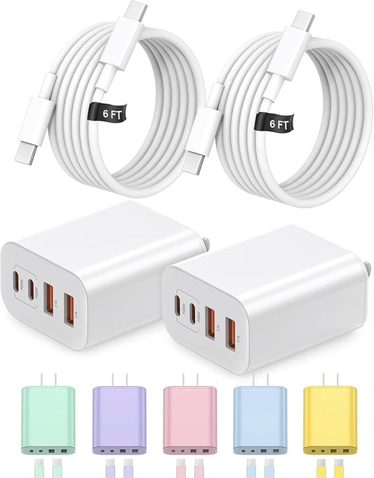 40W USB C Charger Block, iPhone 17 16 15 Charger Fast Charging,2-Pack 4-Port Fast Charging Block with 6FT Type C Cable Multiport Power Block for iPhone Air/iPhone17/16/15 Pro Max/iPad/Samsung