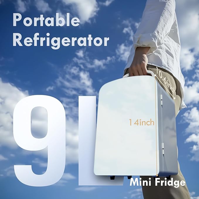 9L Mini Fridge for Bedroom - Car, College Dorm Room & Office Desk 12v Portable Cooler Warmer Skincare, Beauty Makeup, Drinks, Food AC/DC Small Refrigerator with Glass Front, 110 Volts, Black