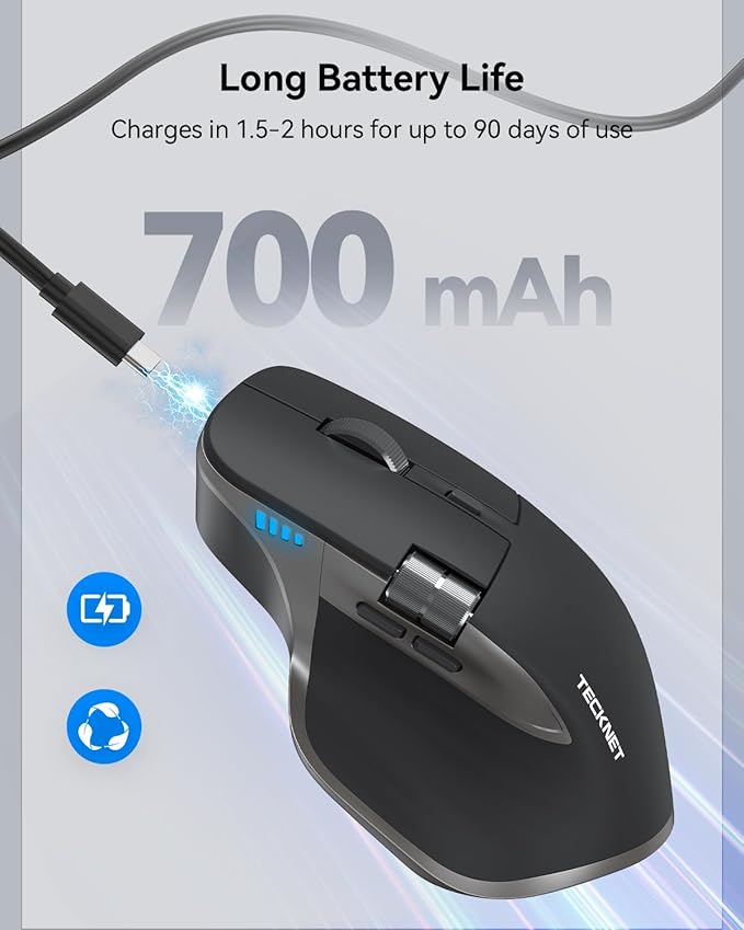 TECKNET Wireless Mouse, Bluetooth Mouse (BT5.3/5.0 & 2.4G) Rechargeable Ergonomic Optical Mouse with 6 Adjustable DPI, Side Scroll, Quiet Clicks, USB A Receiver, 7 Buttons, Wide Compatibility - Grey