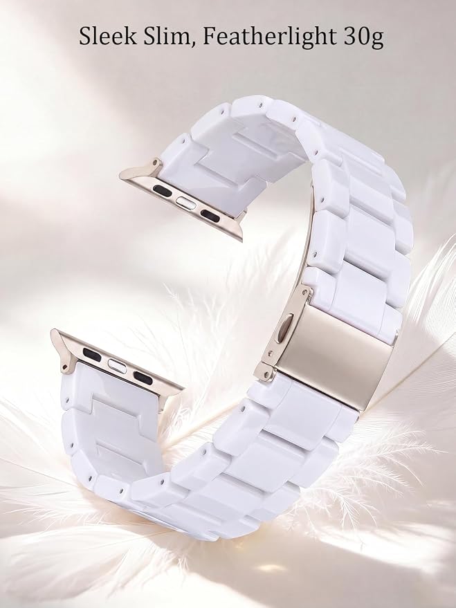 V-MORO Resin Band Compatible with Apple Watch Band Series 9/8/7 45mm 44mm 42mm Lightweight iWatch Strap Series 6/5/4/3/2/1/SE with Starlight Metal Buckle Wristband Women Men(Pure White,42mm/44mm/45mm)