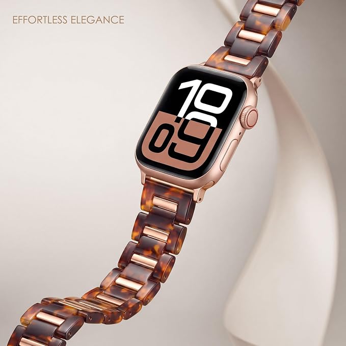 V-MORO Resin Band Compatible with Apple Watch 42/44/45/46/49mm,Fashion Lightweight Bracelet with Polished Rose Gold Stainless Steel Inlay for iWatch Series 11/10/9/8/7/6/5/4/3/2/1/SE,Tortoise Shell